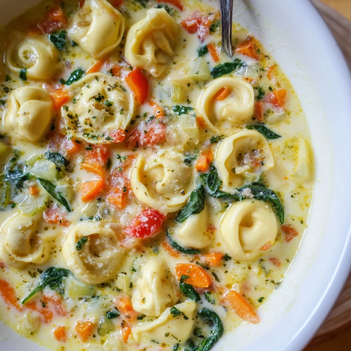 Creamy tortellini soup with tender vegetables in a velvety broth garnished with fresh herbs