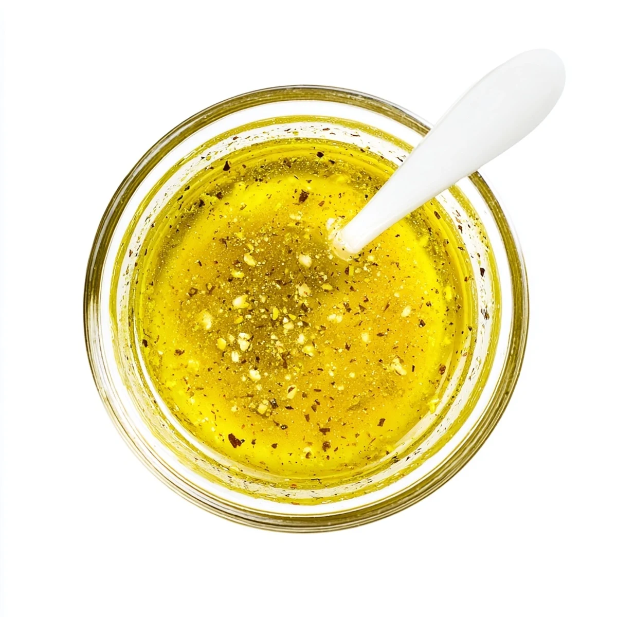 Glass jar of golden easy lemon vinaigrette dressing with fresh herbs and lemon wedges