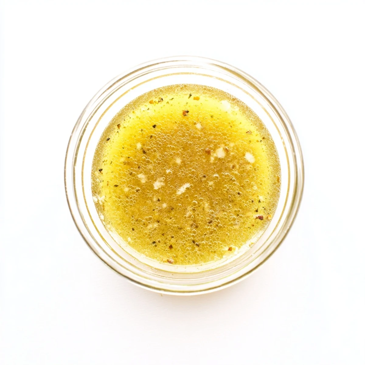 Creamy easy lemon vinaigrette dressing drizzled over crisp green salad in white bowl