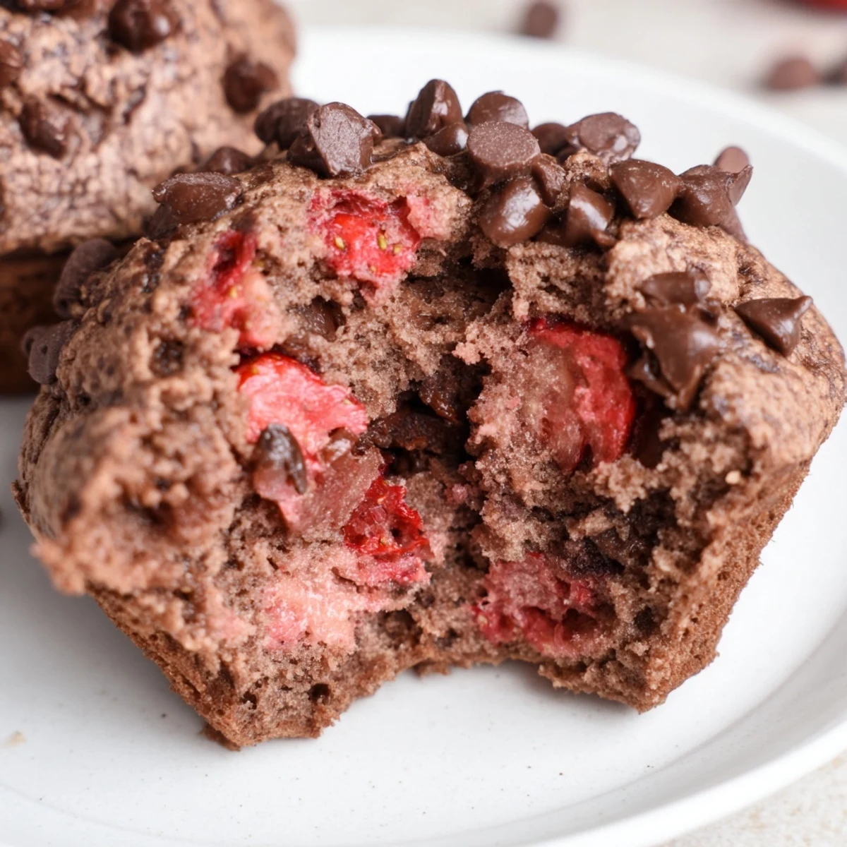 Freshly baked double chocolate strawberry muffins topped with melting chocolate chips on a wire cooling rack