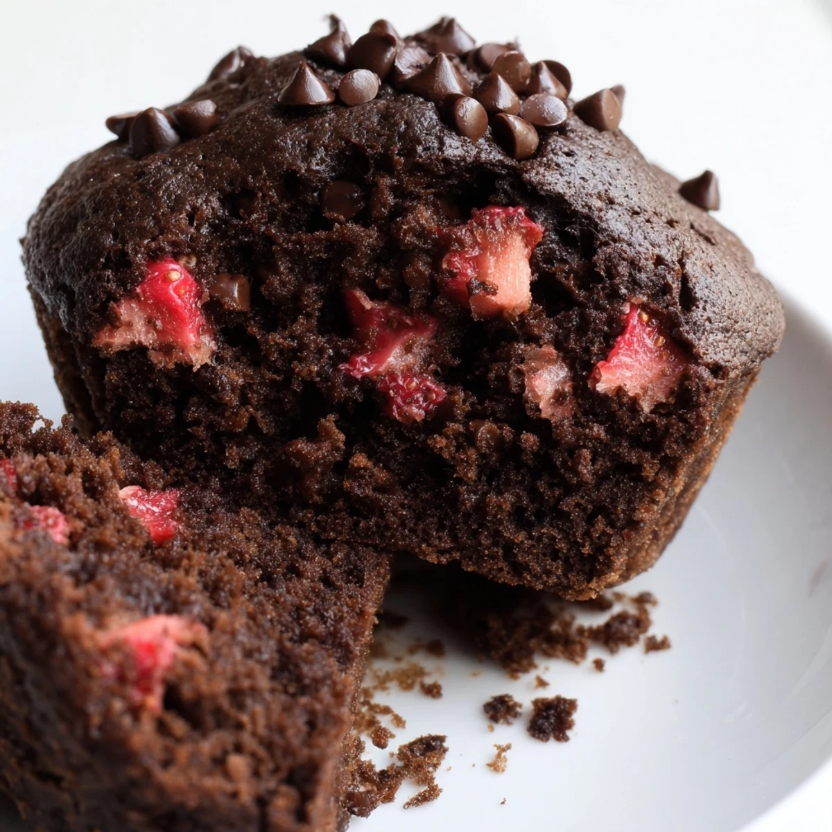 Rich cocoa muffins studded with juicy red strawberry pieces and semi-sweet chocolate chunks