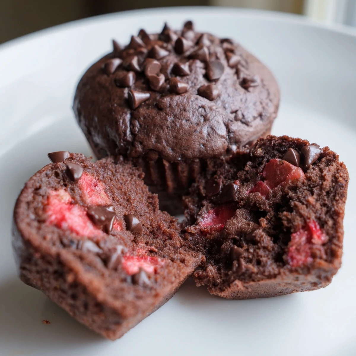 Dark chocolate muffin bursting with fresh diced strawberries and chocolate chips, perfect for breakfast dessert
