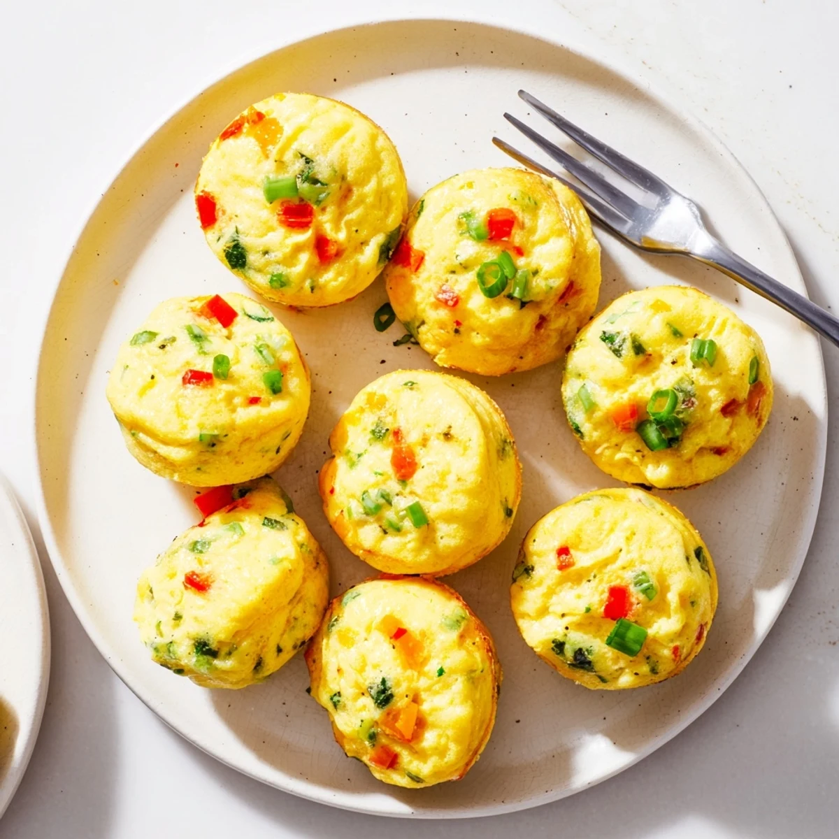 A batch of twelve baked cottage cheese egg bites topped with vibrant diced peppers