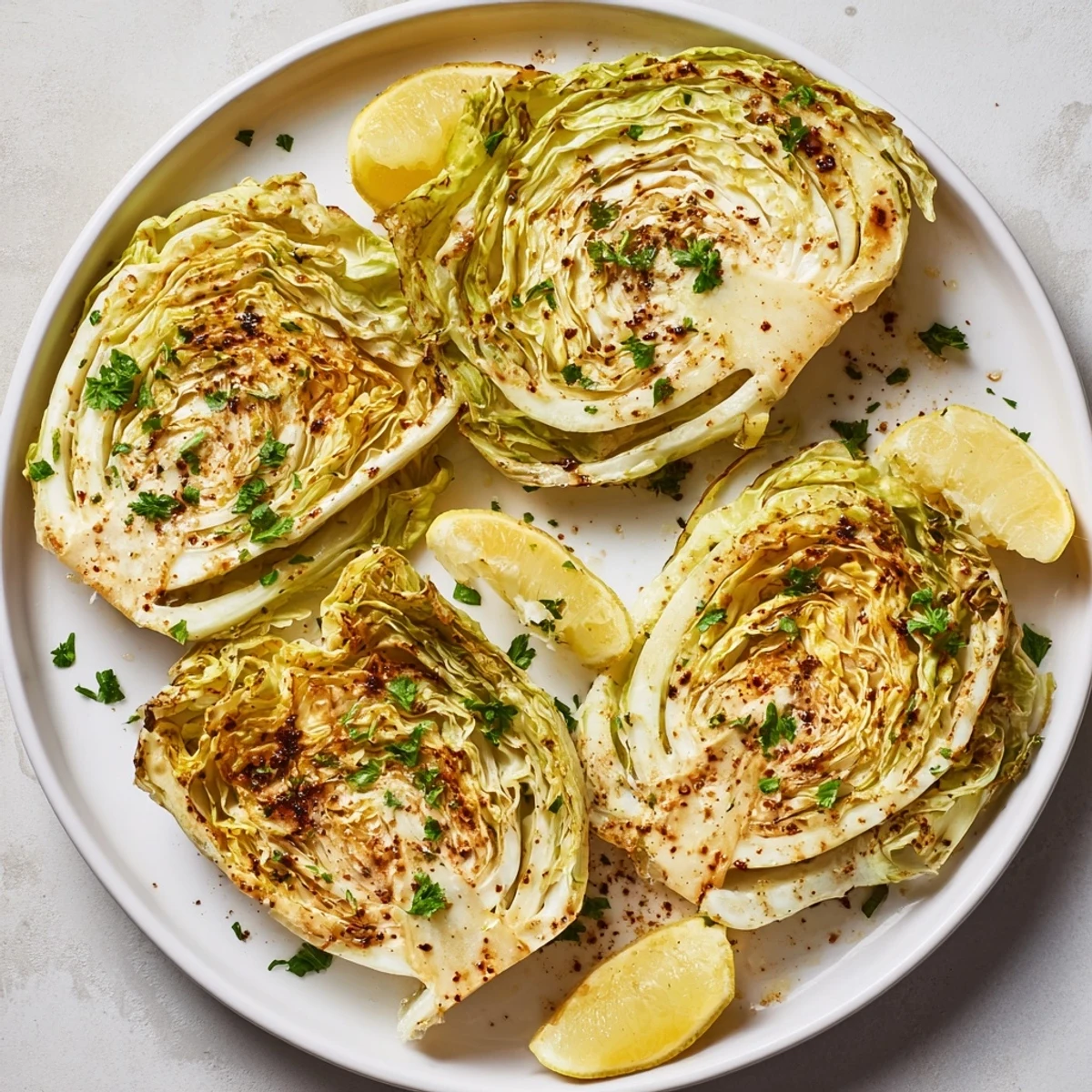 Golden roasted cabbage steaks with caramelized edges and crispy charred spots, seasoned with garlic and paprika