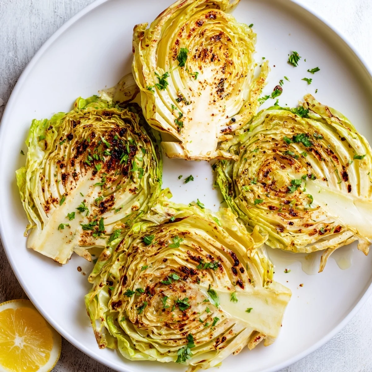 Oven-baked cabbage steaks arranged on a baking sheet, perfectly charred and seasoned with olive oil and spices