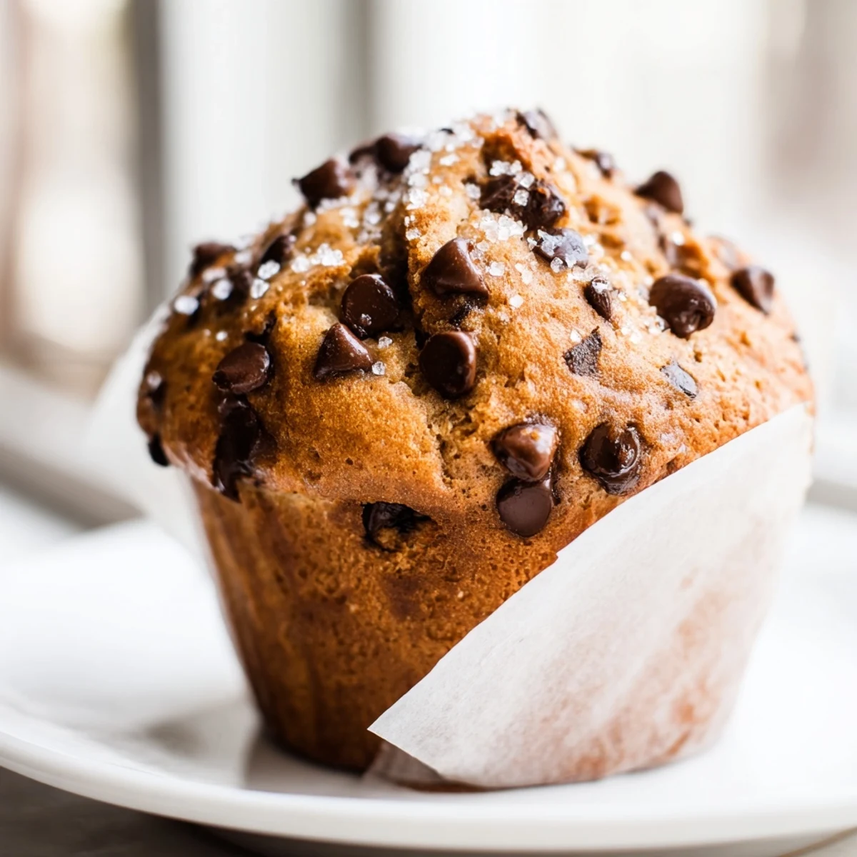 Freshly baked chocolate chip muffins overflowing with semi-sweet chips on a rustic wooden board