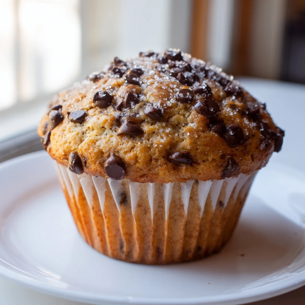 Golden bakery style chocolate chip muffins with tall domed tops and melting chocolate chunks