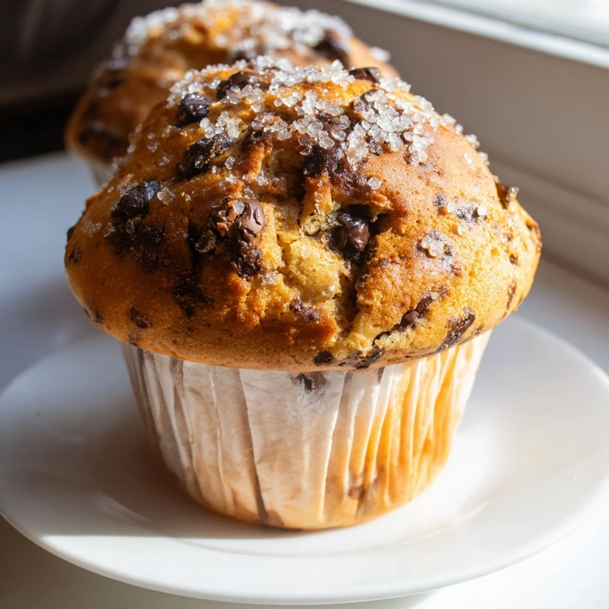Moist bakery style chocolate chip muffins studded with chocolate and sprinkled with coarse sugar