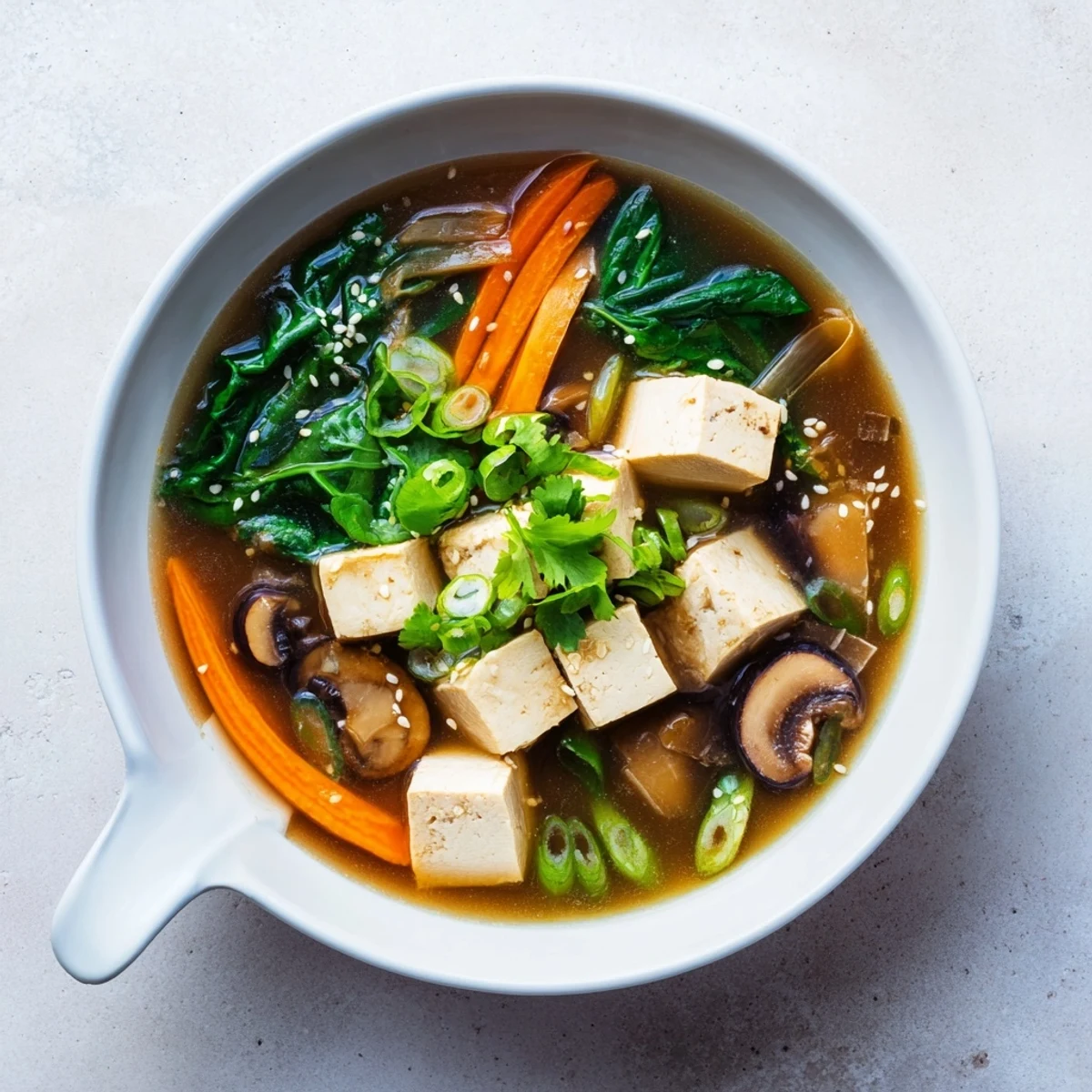 Creamy warm tofu soup with silken cubes, sliced mushrooms, and vibrant spinach in aromatic broth