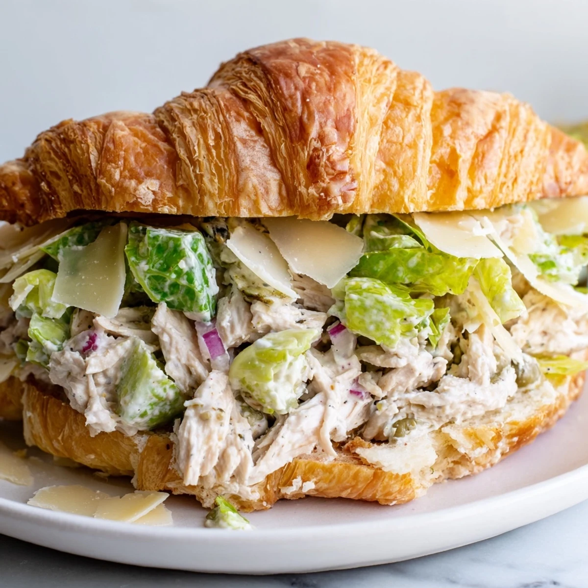 Golden croissant stuffed with creamy chicken Caesar salad and crisp romaine lettuce