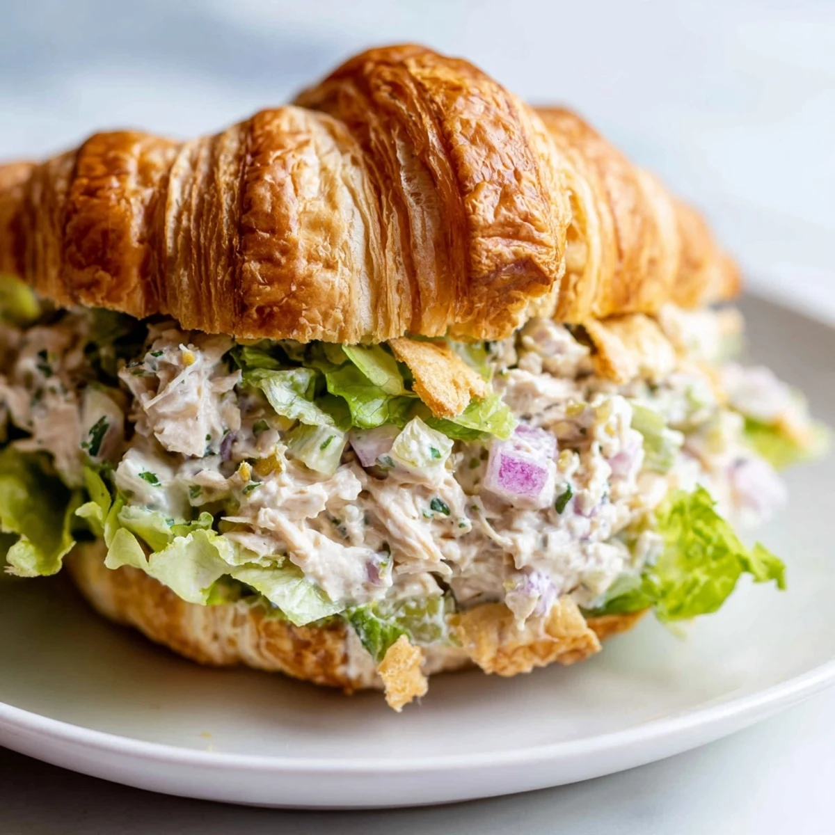Flaky buttery croissant sandwich loaded with Parmesan chicken salad and fresh greens