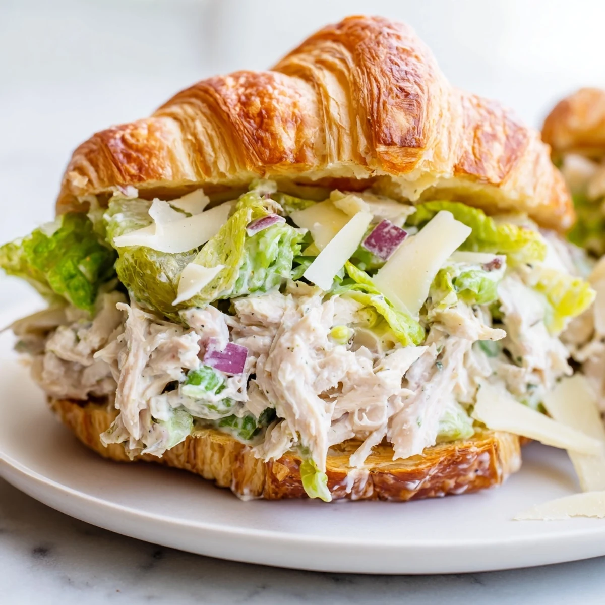 Halved croissant filled with seasoned Caesar chicken salad topped with extra cheese shavings