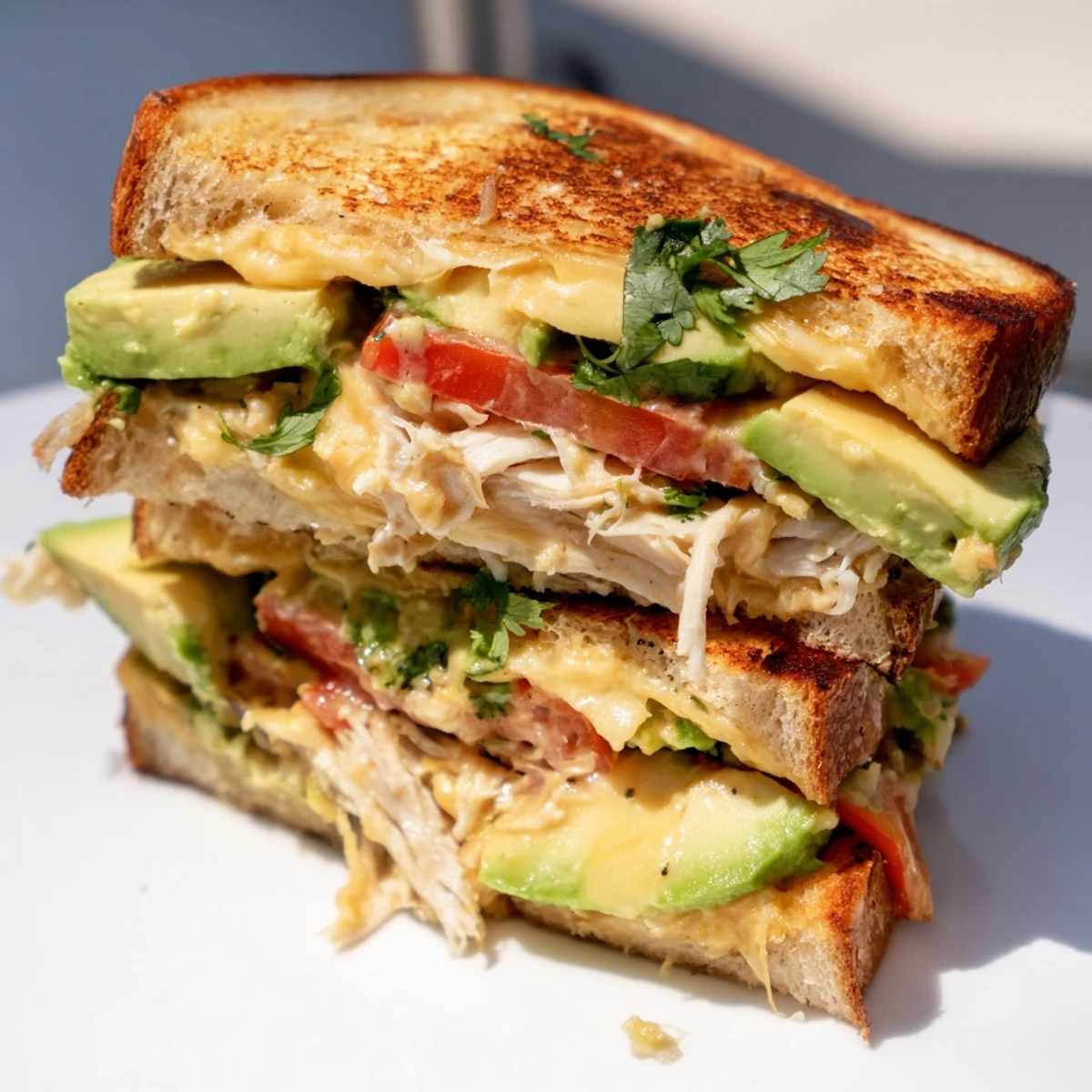 Crispy toasted chicken avocado melt sandwich oozing melted cheese with ripe avocado slices and juicy tomato