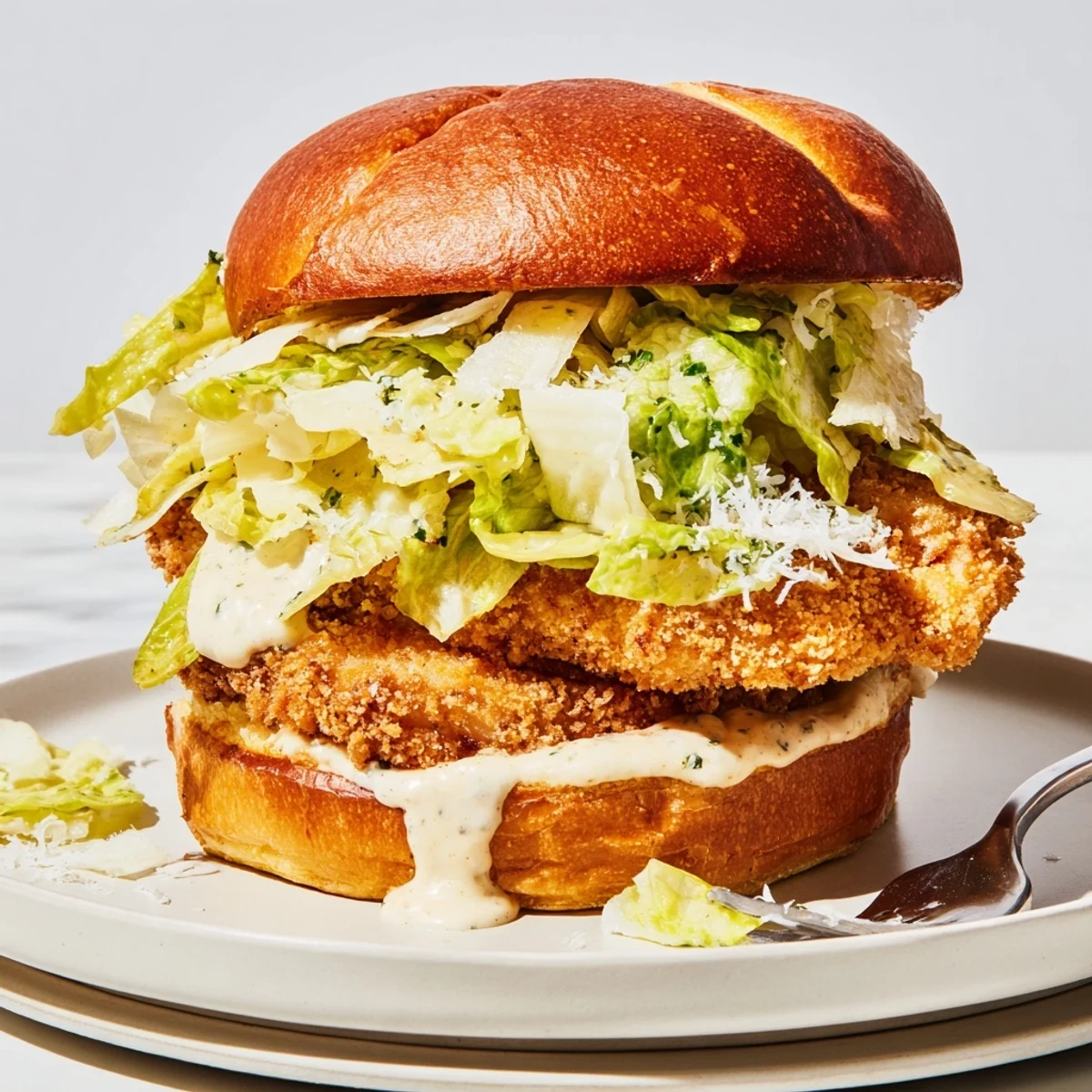 Golden brown crispy chicken Caesar sandwich stacked with romaine lettuce on toasted brioche bun