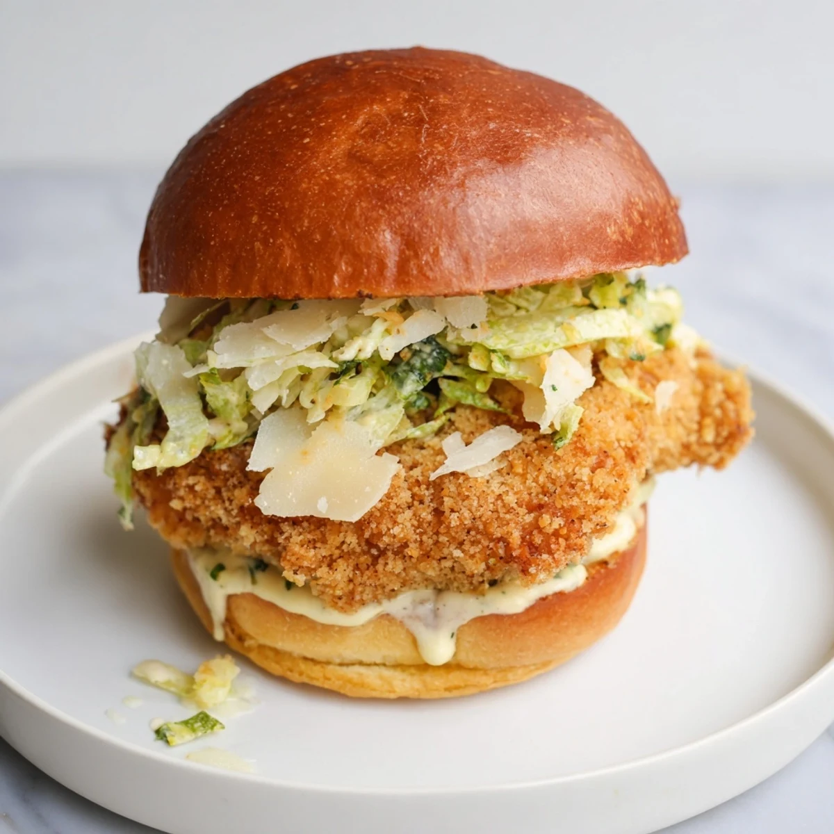 Toasted bun layered with golden fried chicken fillet crisp lettuce and shaved Parmesan cheese