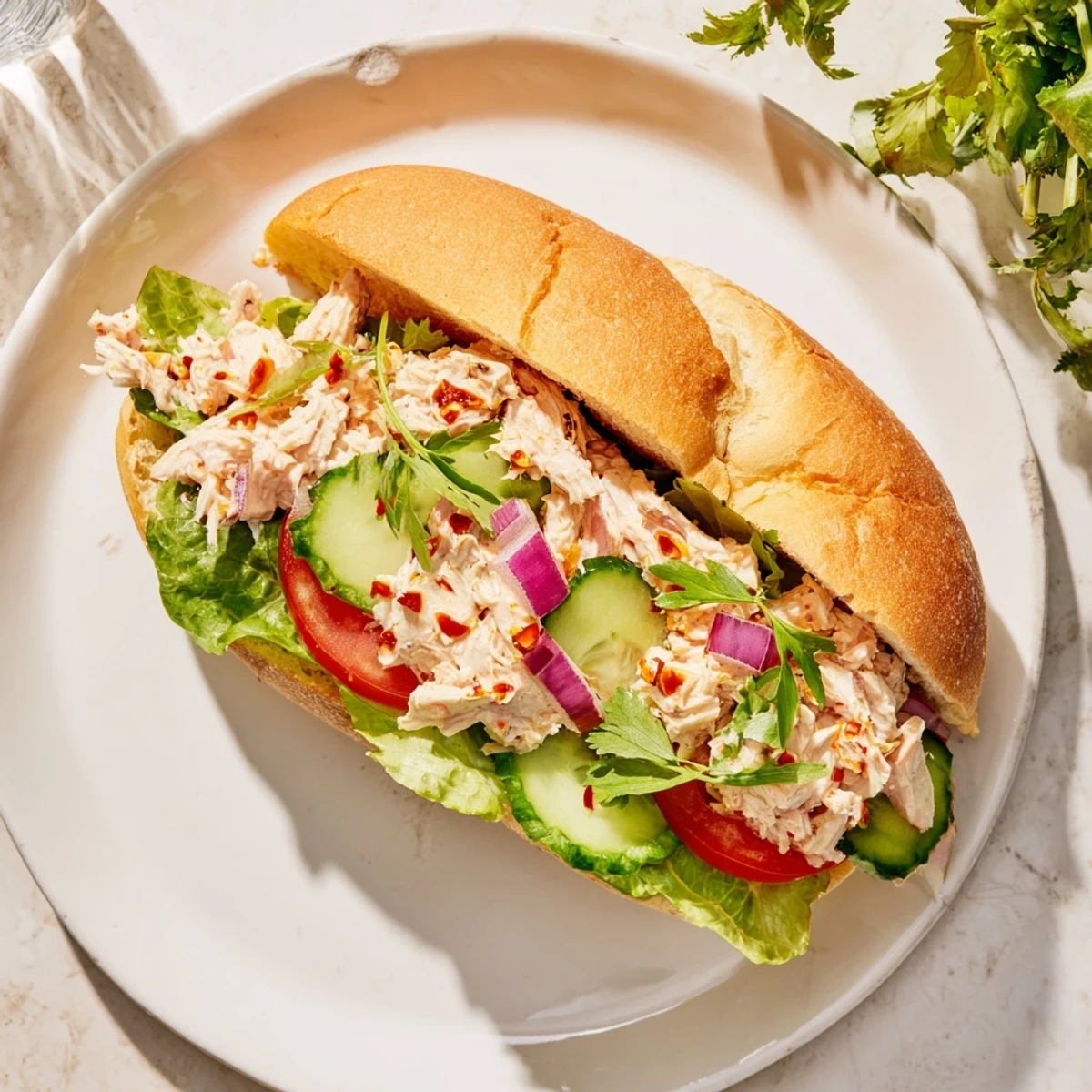 Golden chicken salad sandwich with spicy chili crisp drizzle on toasted bread, layered with crisp cucumber slices and fresh greens.