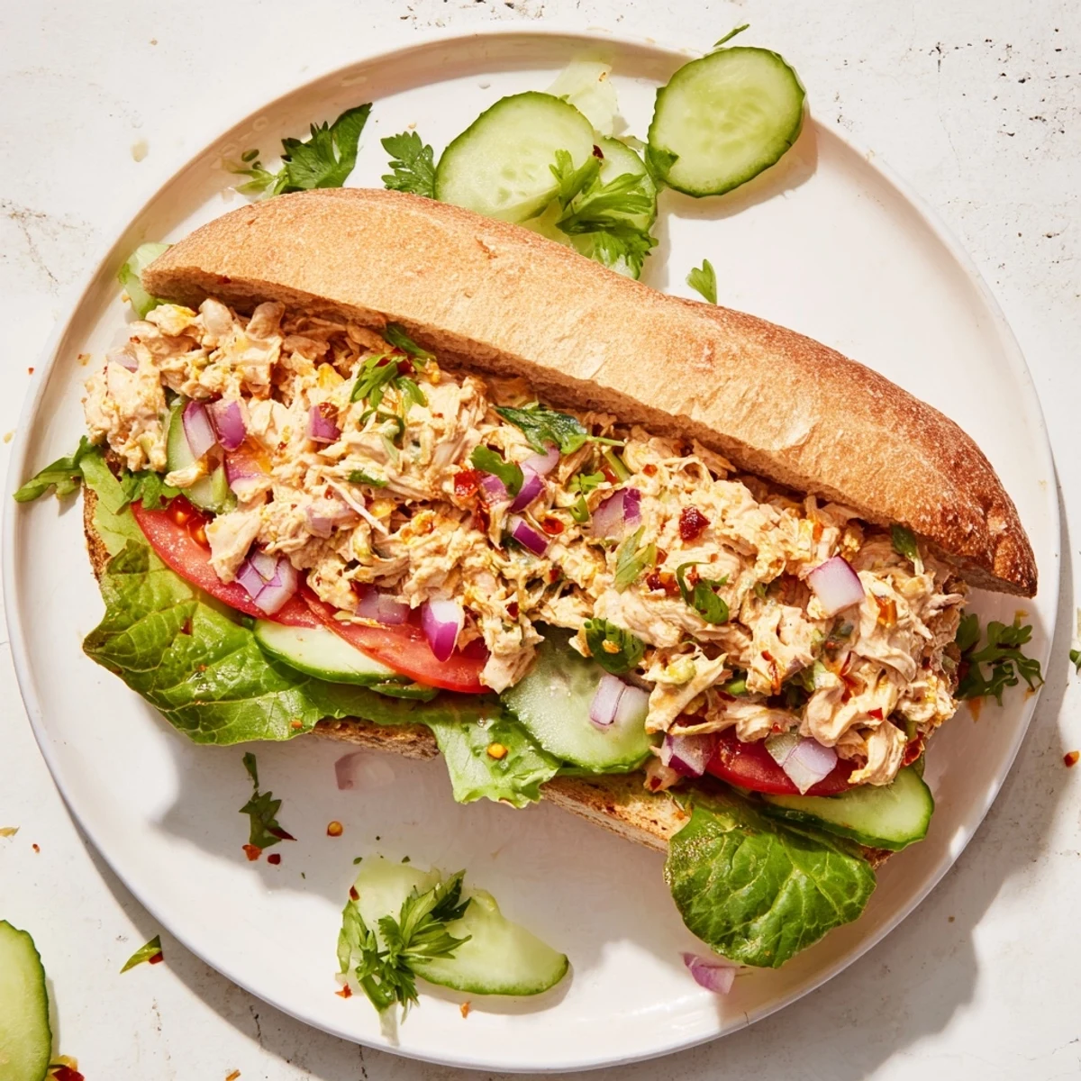 Homemade chicken salad sandwich dressed with fiery chili crisp, served with crisp vegetables and extra chili oil for added heat.