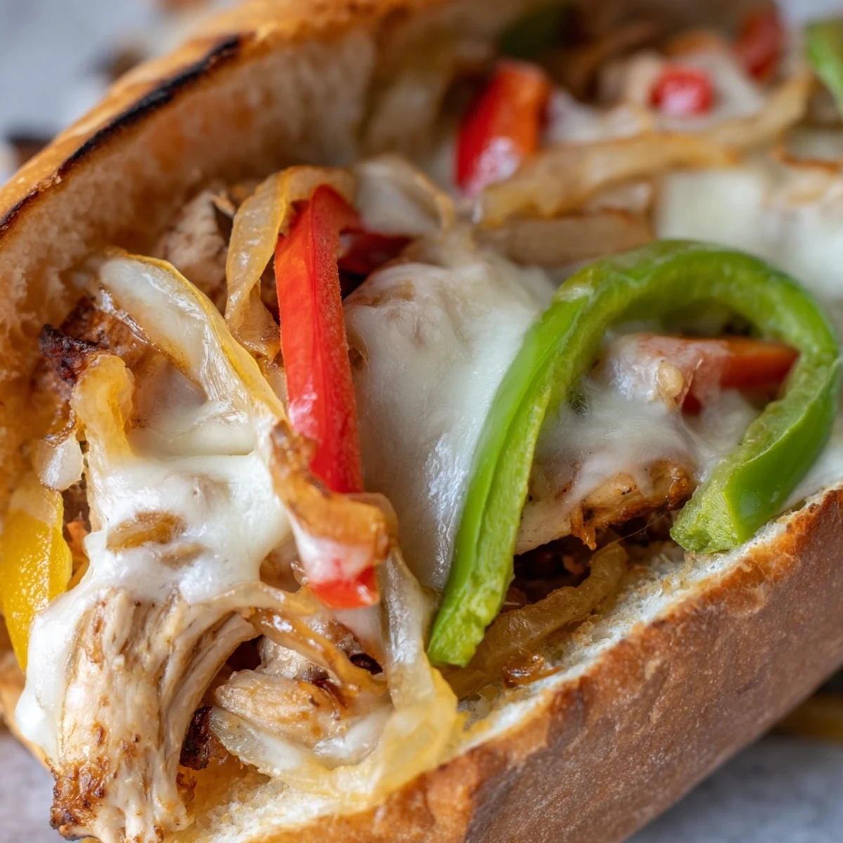 Golden melted provolone blankets seasoned chicken and colorful peppers in a toasted hoagie roll