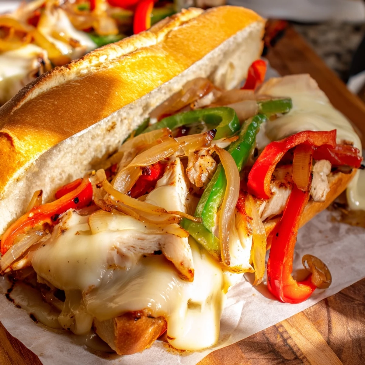 Tender chicken strips with caramelized onions and bell peppers layered under gooey cheese on a sub