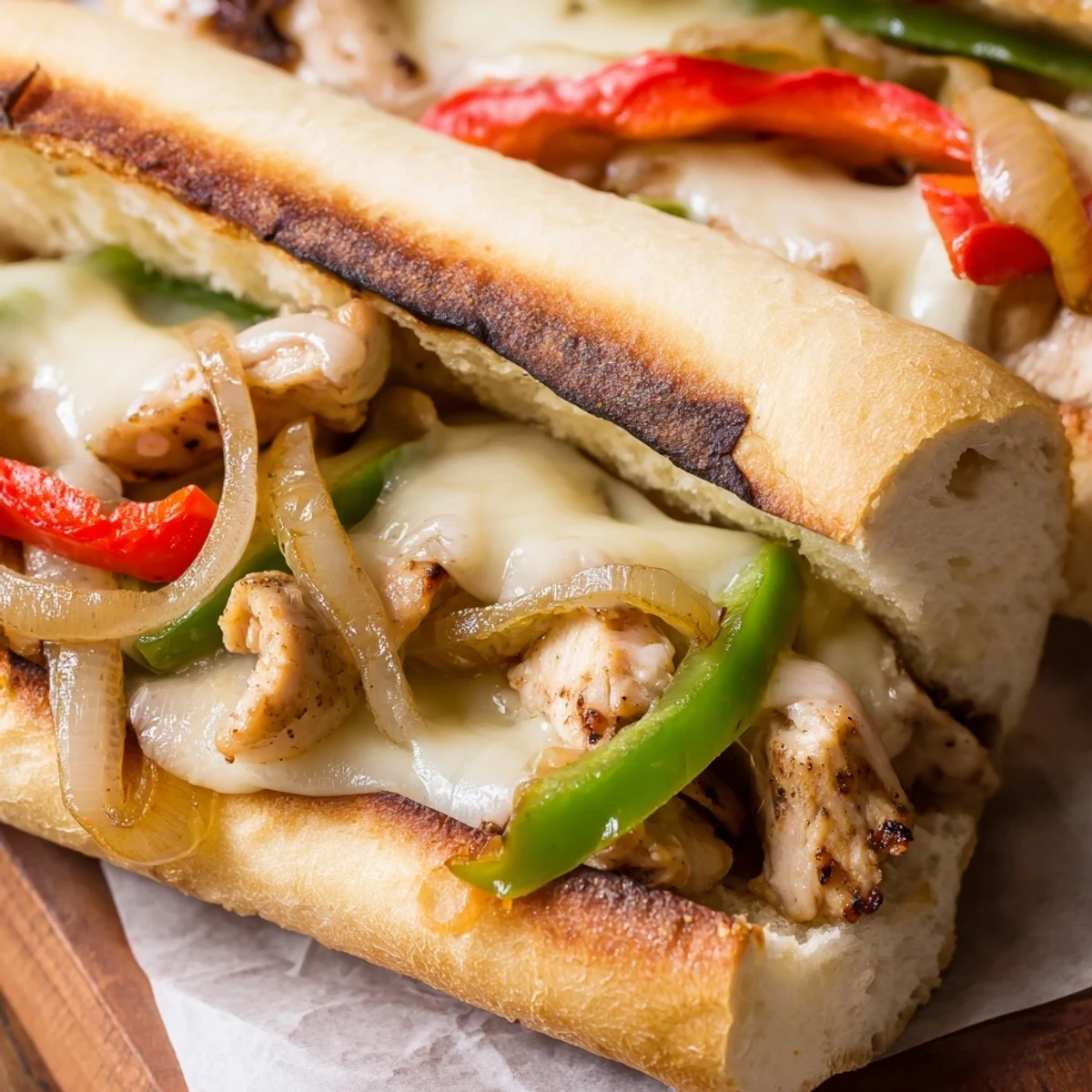 Savory chicken cheesesteak sandwich overflowing with melted provolone and sautéed vegetables in a crusty roll