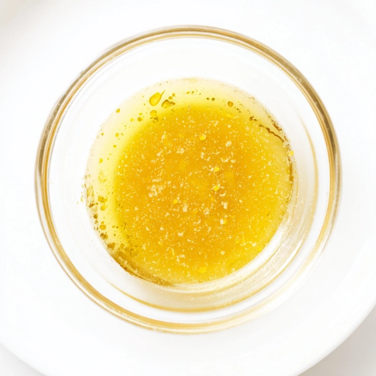 Golden honey lemon vinaigrette drizzled over fresh mixed greens in a white serving bowl