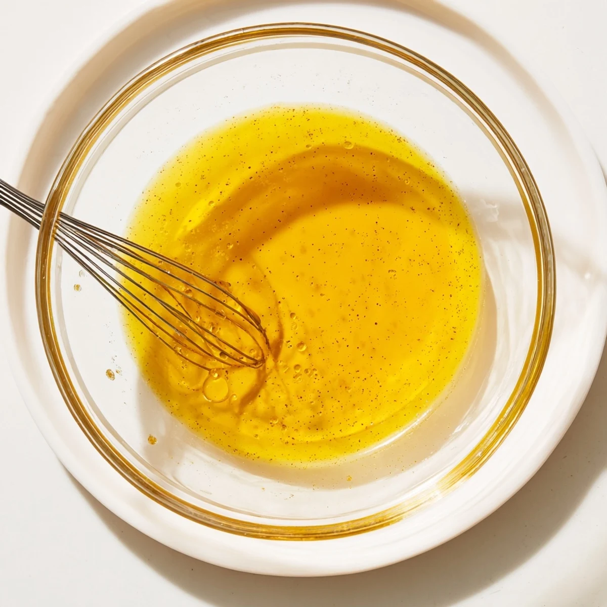 Creamy honey lemon vinaigrette whisked in a glass jar with olive oil emulsion