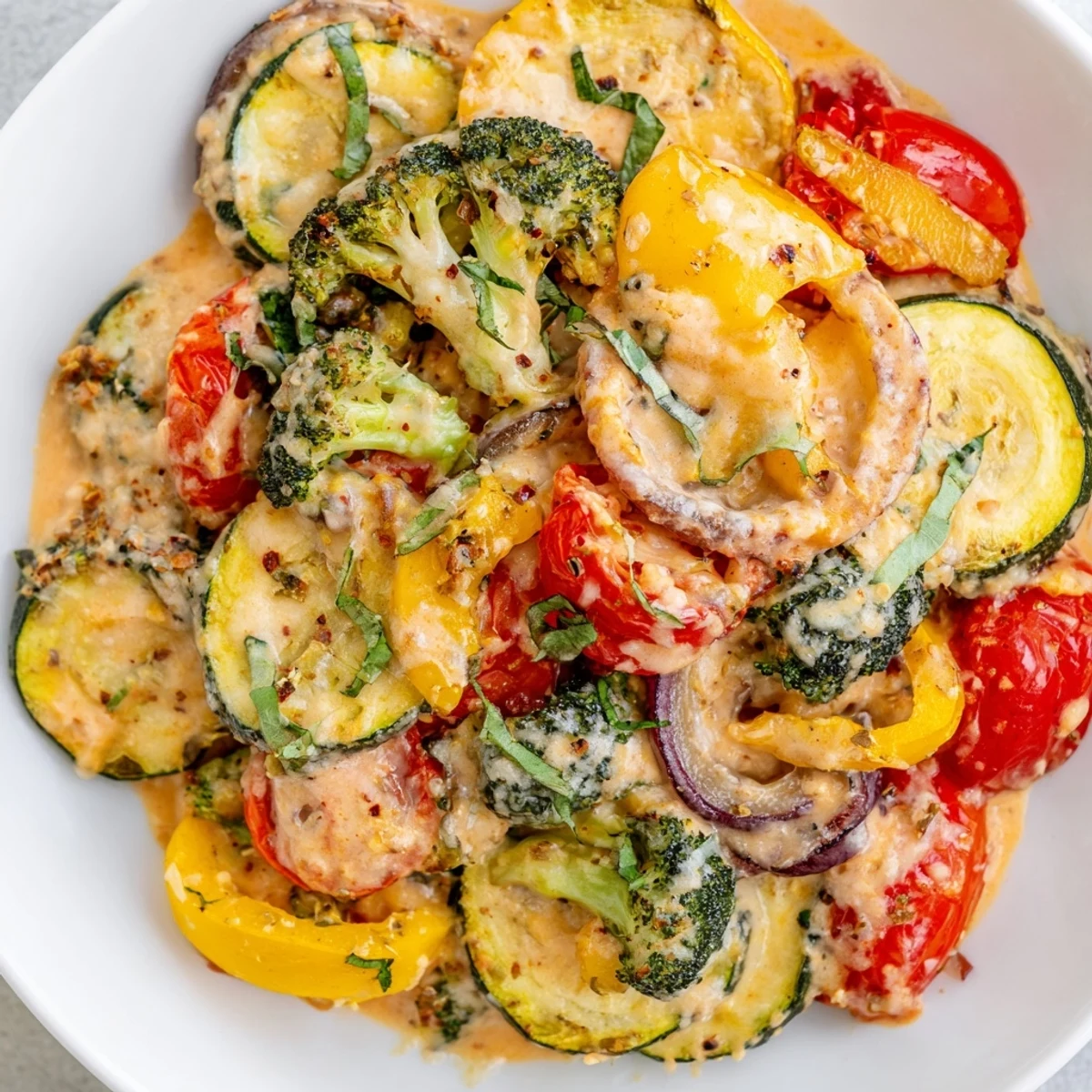 Colorful roasted vegetable medley drizzled with creamy sun-dried tomato sauce and fresh basil garnish