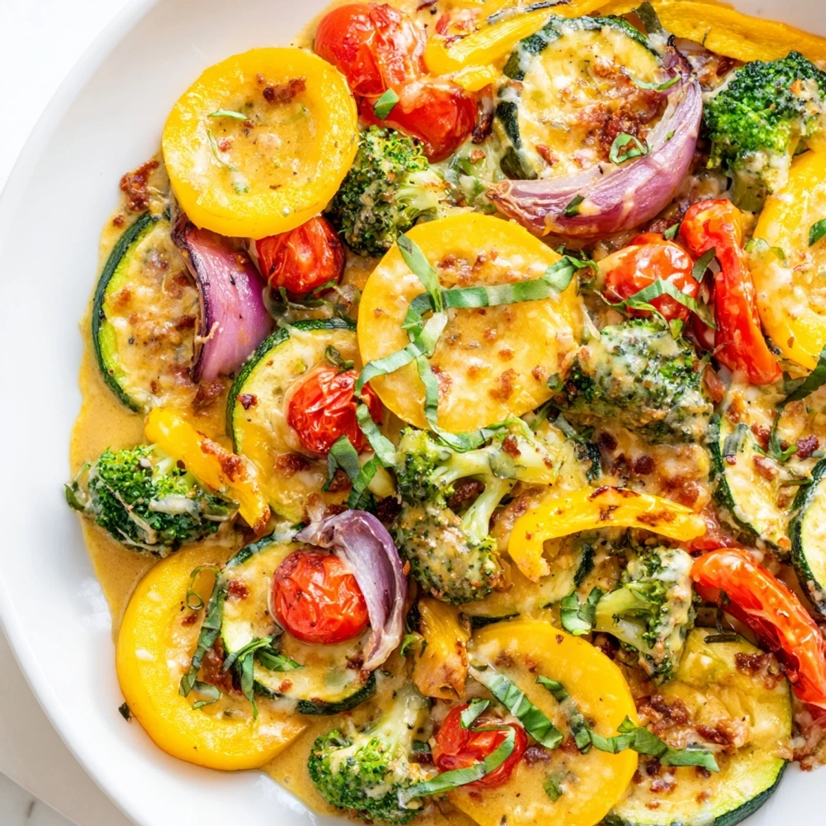 Vibrant zucchini, peppers, and broccoli coated in luscious sun-dried tomato cream sauce on serving platter