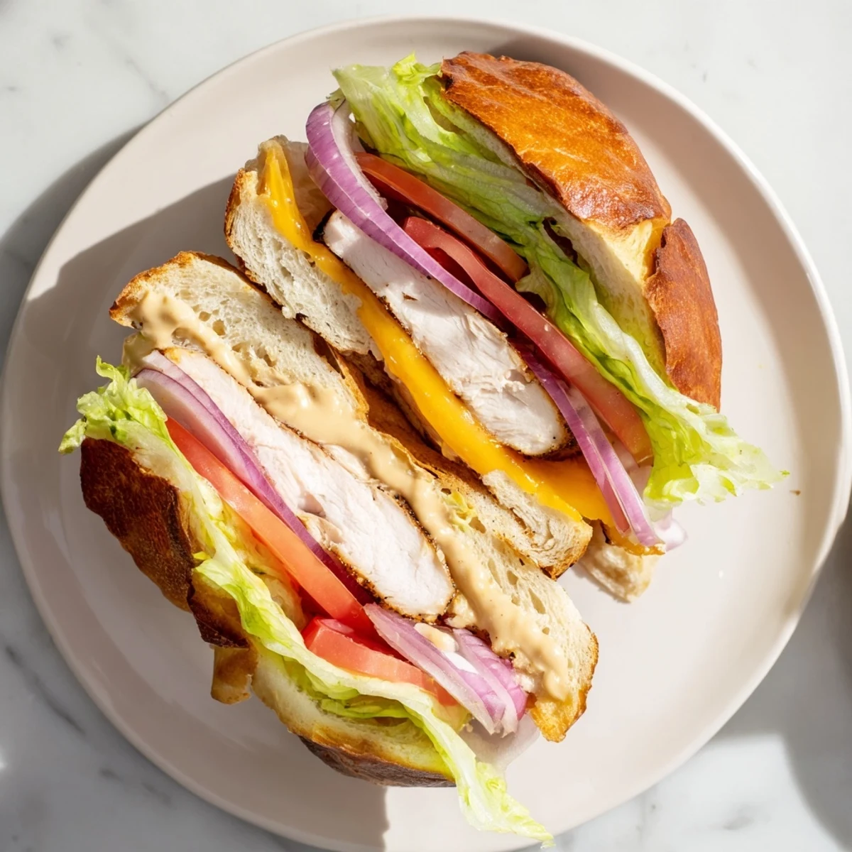 Golden cheesy grilled chicken sandwich with melted cheddar on toasted ciabatta roll