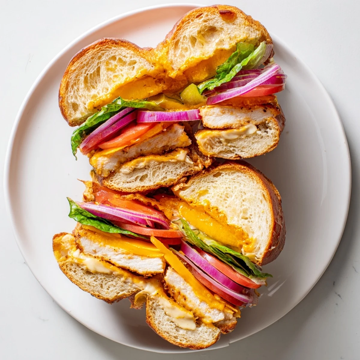 Mouthwatering cheesy grilled chicken sandwich layered with crisp lettuce and tangy mustard sauce