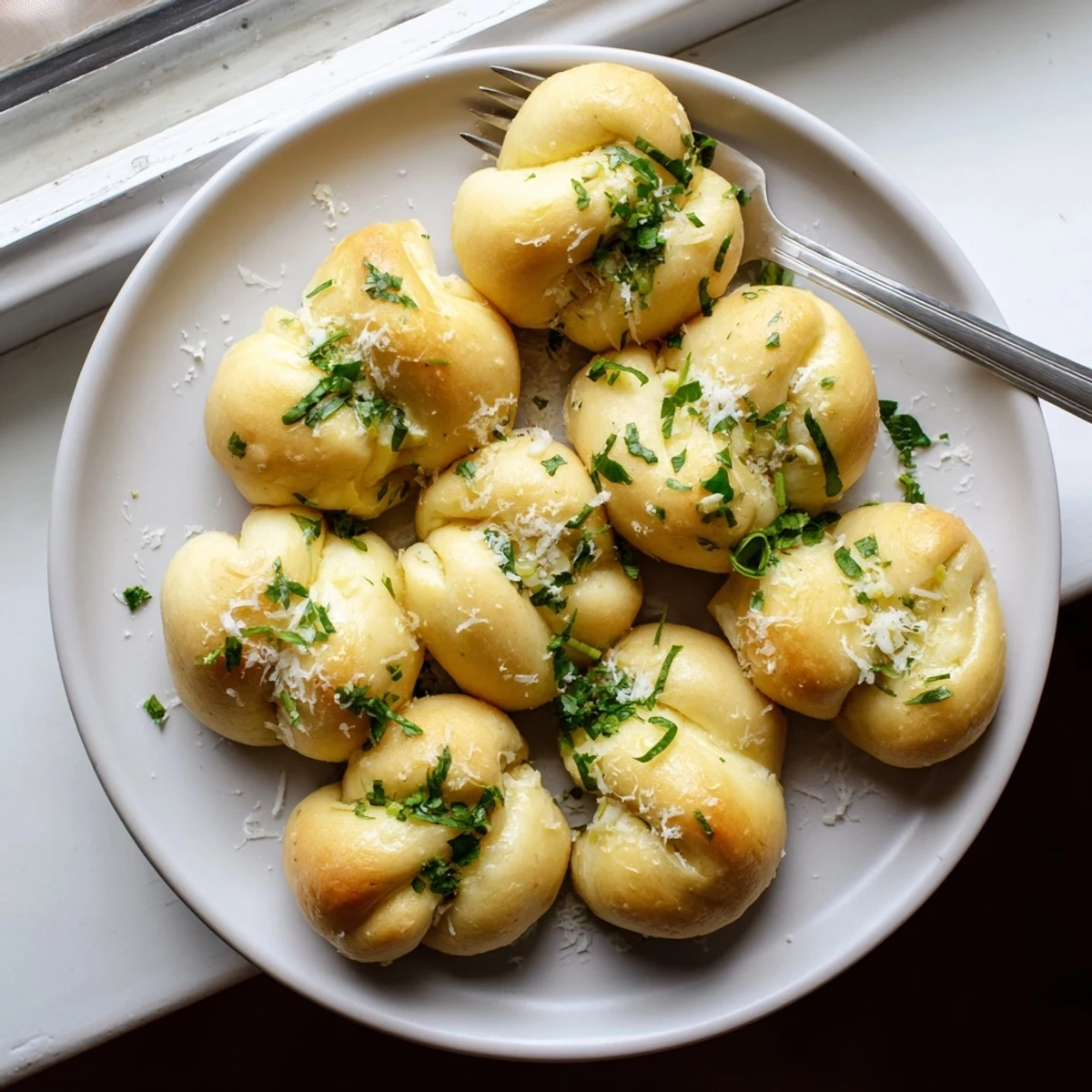 Golden gluten-free garlic knots brushed with melted garlic butter and fresh parsley garnish