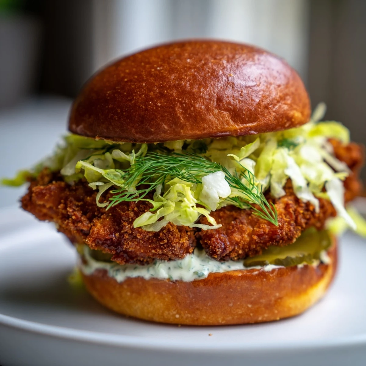 Golden brown Crispy Dill Chicken Sandwich served on toasted brioche with tangy pickles and fresh lettuce