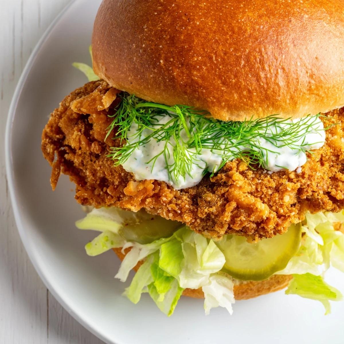 Handheld sandwich featuring crunchy fried chicken breast seasoned with aromatic dill and creamy homemade mayo spread