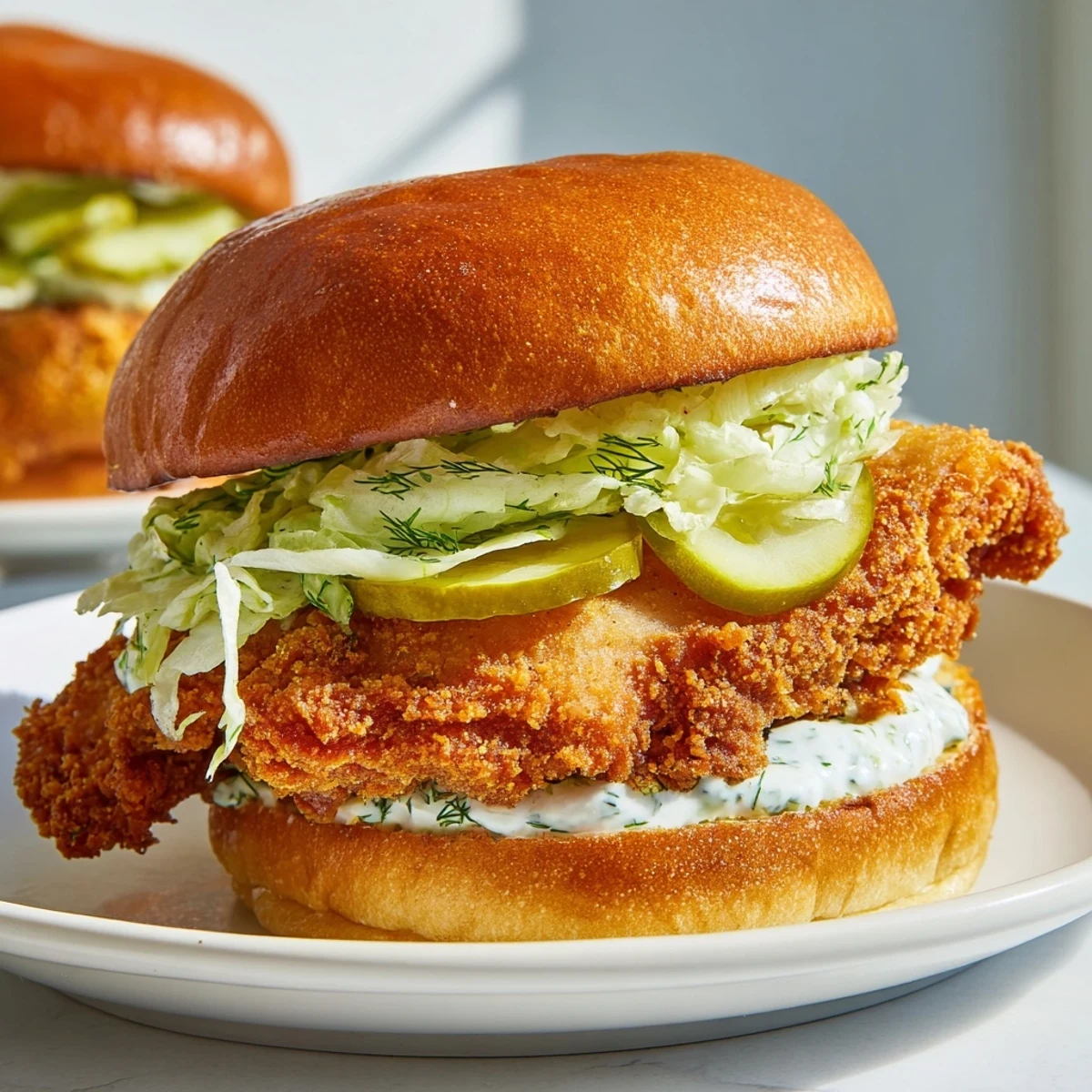 Close-up of crispy chicken fillet layered with crisp dill pickles and shredded lettuce on soft golden bun