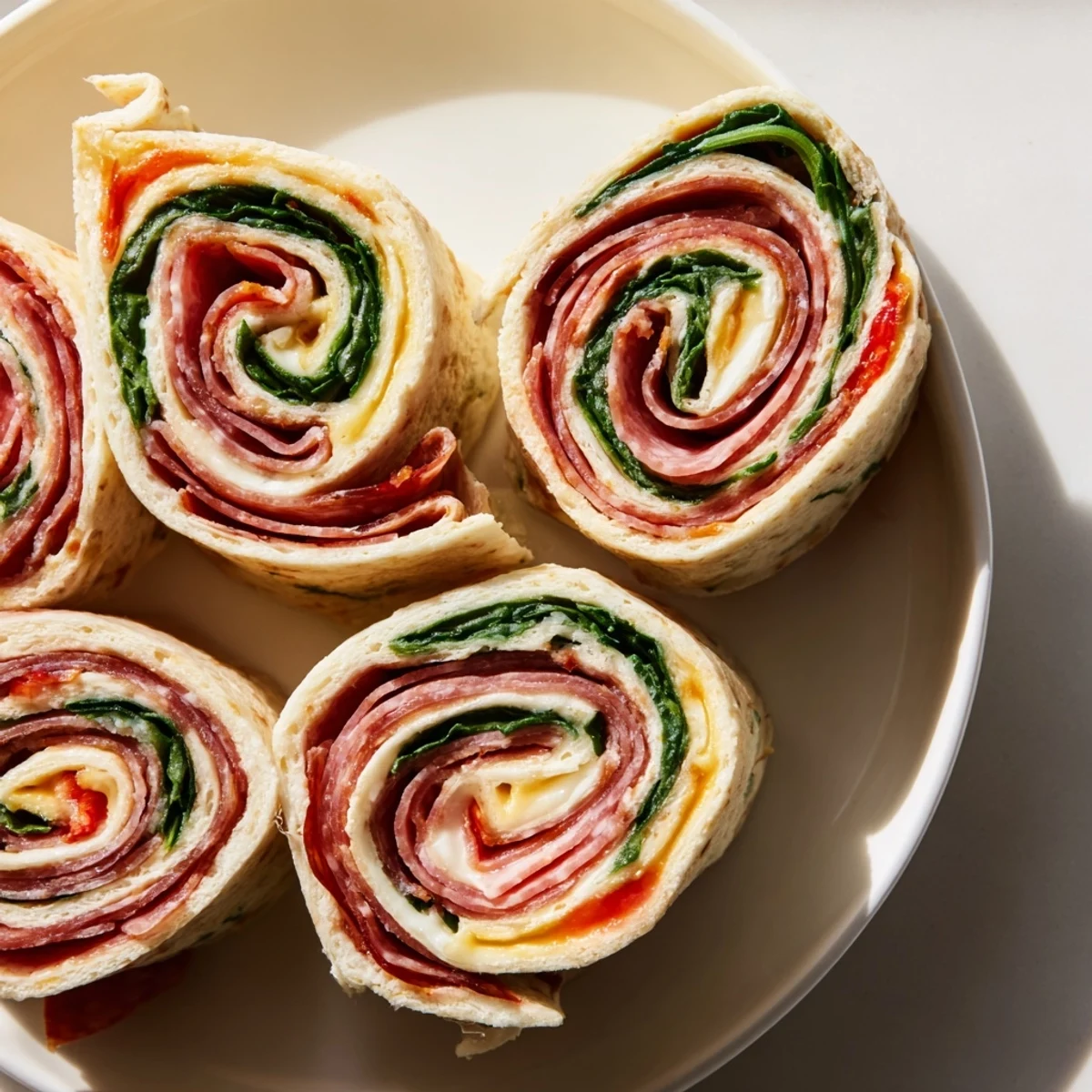 Colorful Italian pinwheels spiraled with salami, ham, pepperoni, cream cheese, and fresh baby spinach.