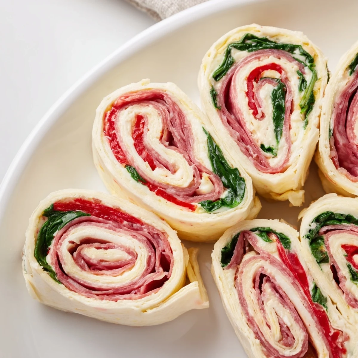 Savory Italian pinwheel appetizers featuring deli meats, roasted red peppers, and melted cheese in tortillas.