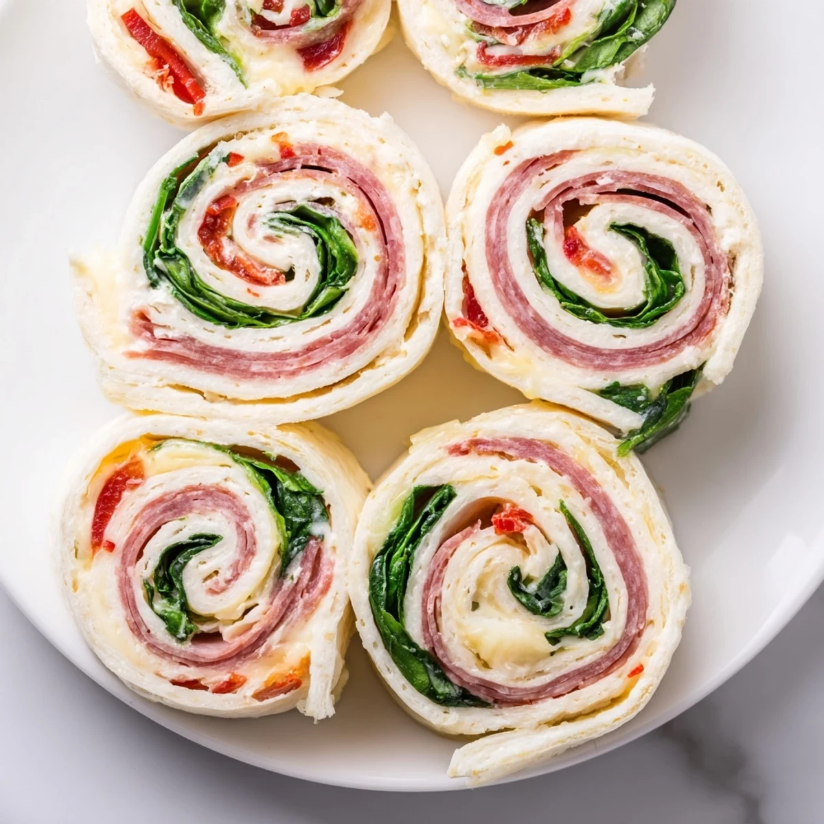 Party-ready Italian pinwheels arranged on a white platter, showcasing vibrant vegetable and meat layers.