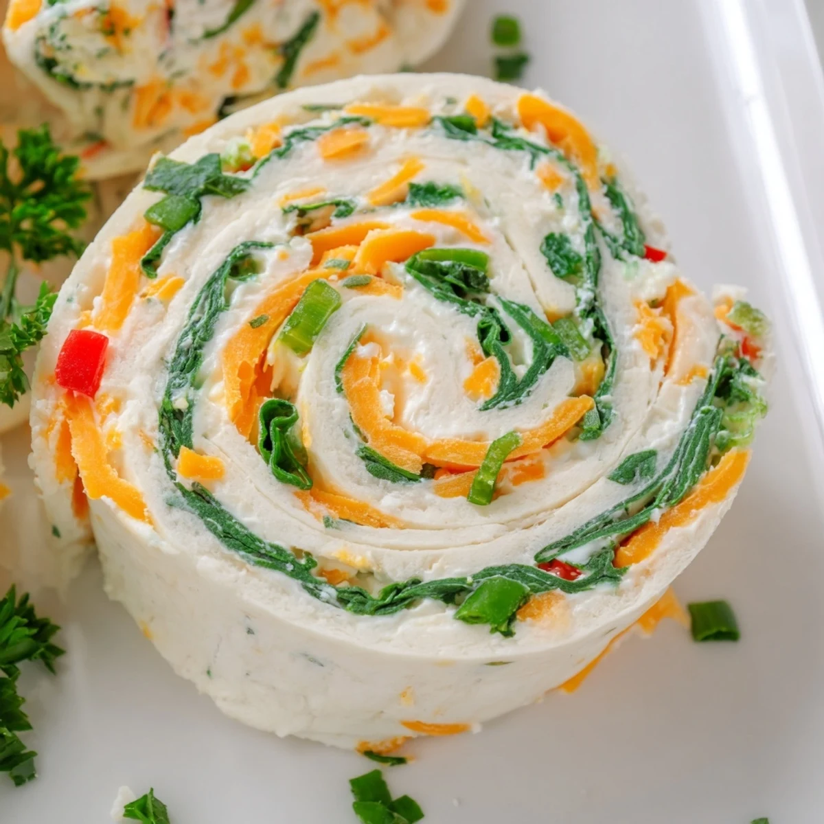 Savory cream cheese pinwheels sliced into bite-sized rounds revealing cheddar and fresh veggie filling inside