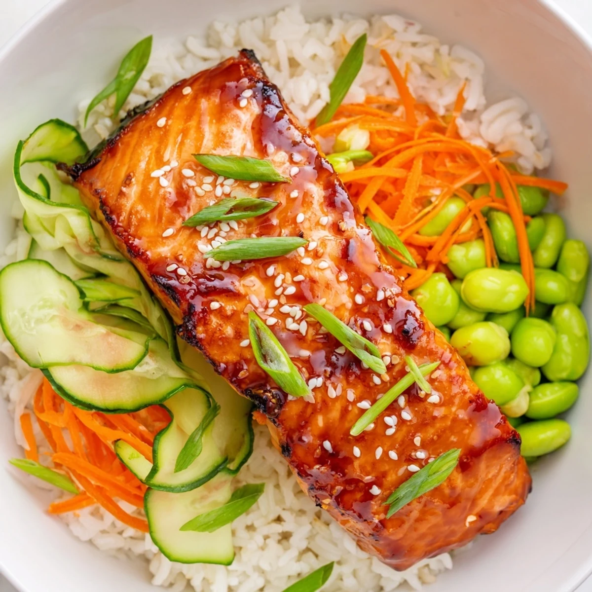 Golden honey glazed salmon fillet resting atop fluffy rice with crisp cucumber and vibrant avocado slices