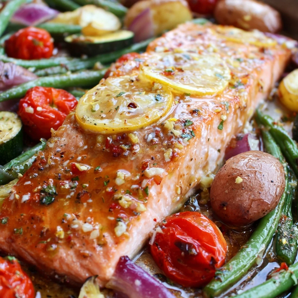 Tender salmon fillets with roasted baby potatoes and zucchini glazed in lemon garlic butter sauce