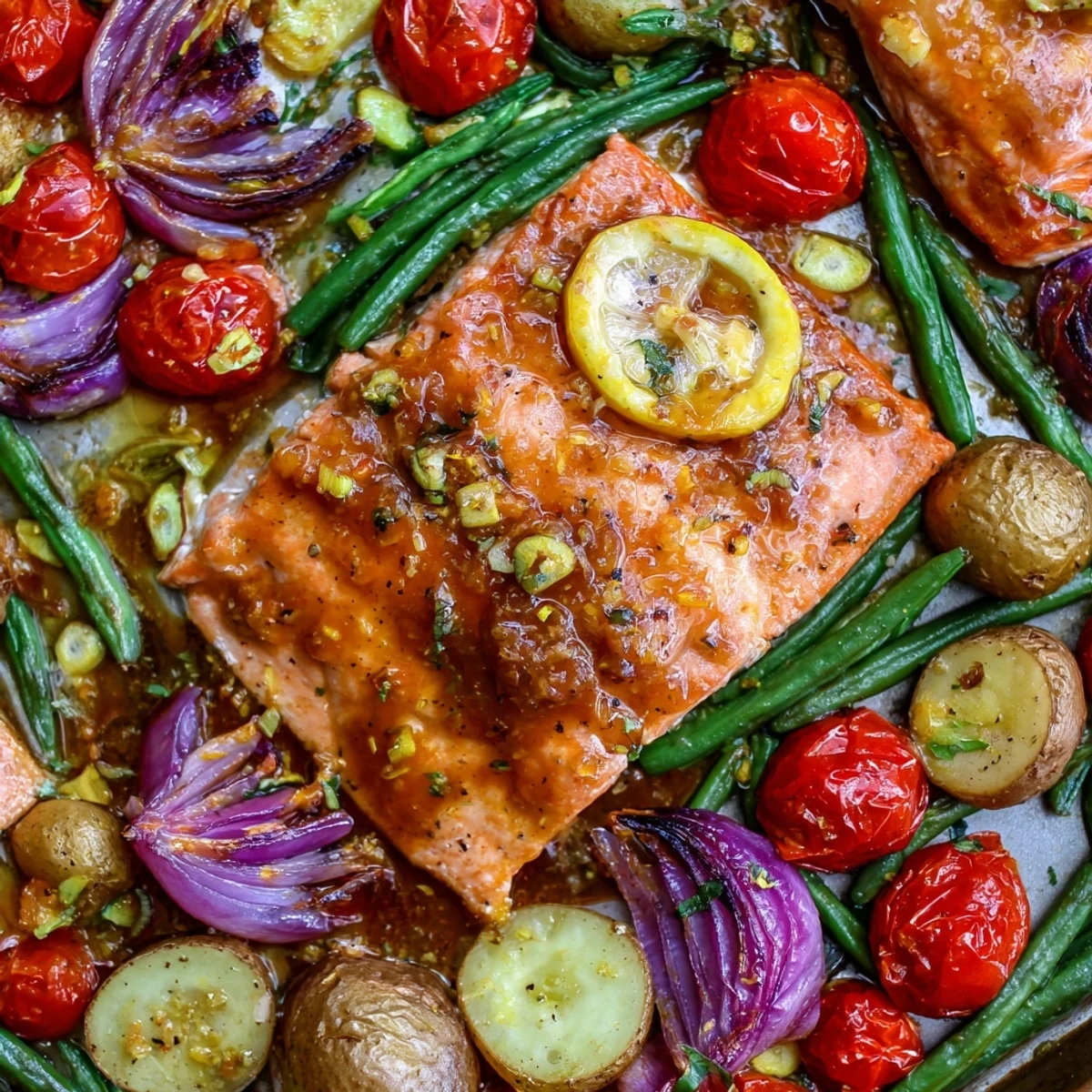 Easy sheet pan lemon garlic butter salmon dinner with cherry tomatoes and fresh parsley garnish
