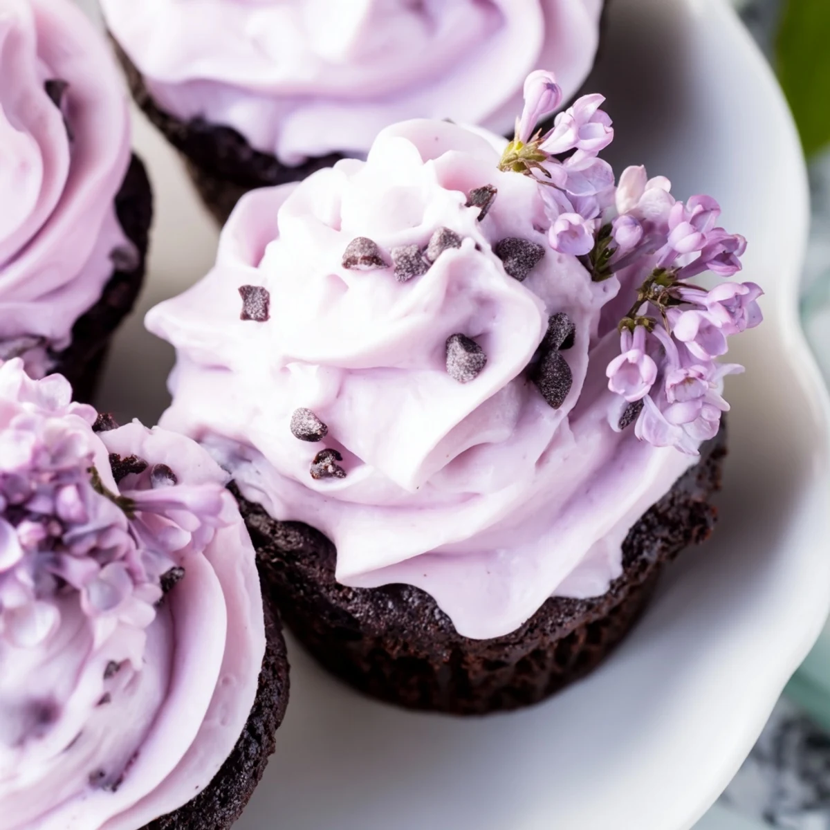 Small batch lilac chocolate cupcakes topped with fluffy floral buttercream and fresh blossoms