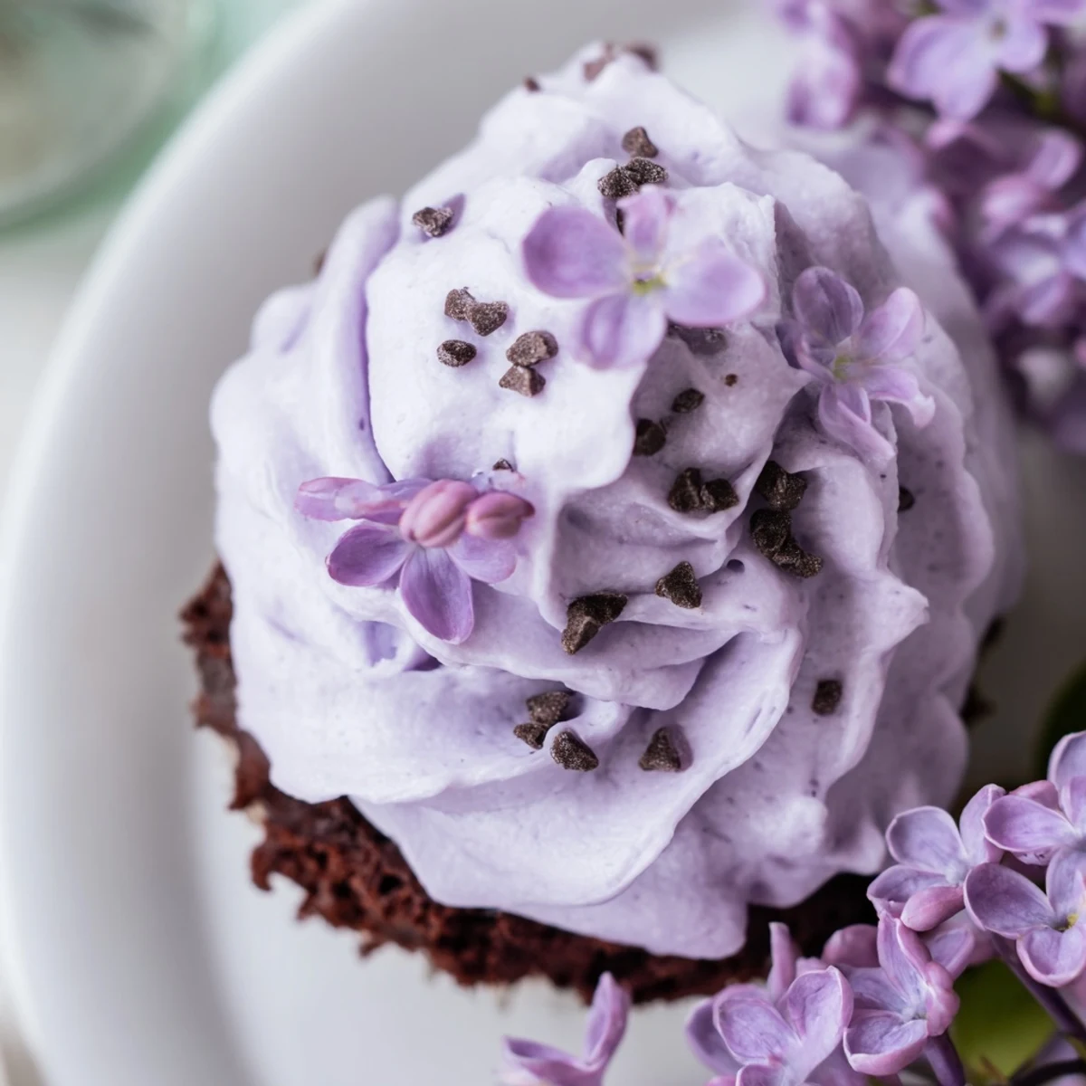 Moist chocolate lilac cupcakes garnished with edible flowers on a white serving plate