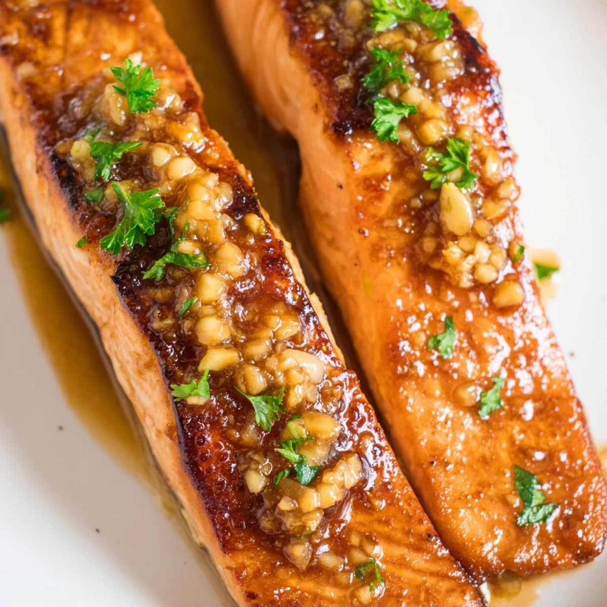 Golden pan-seared salmon fillets coated in a sticky honey garlic glaze with fresh parsley garnish