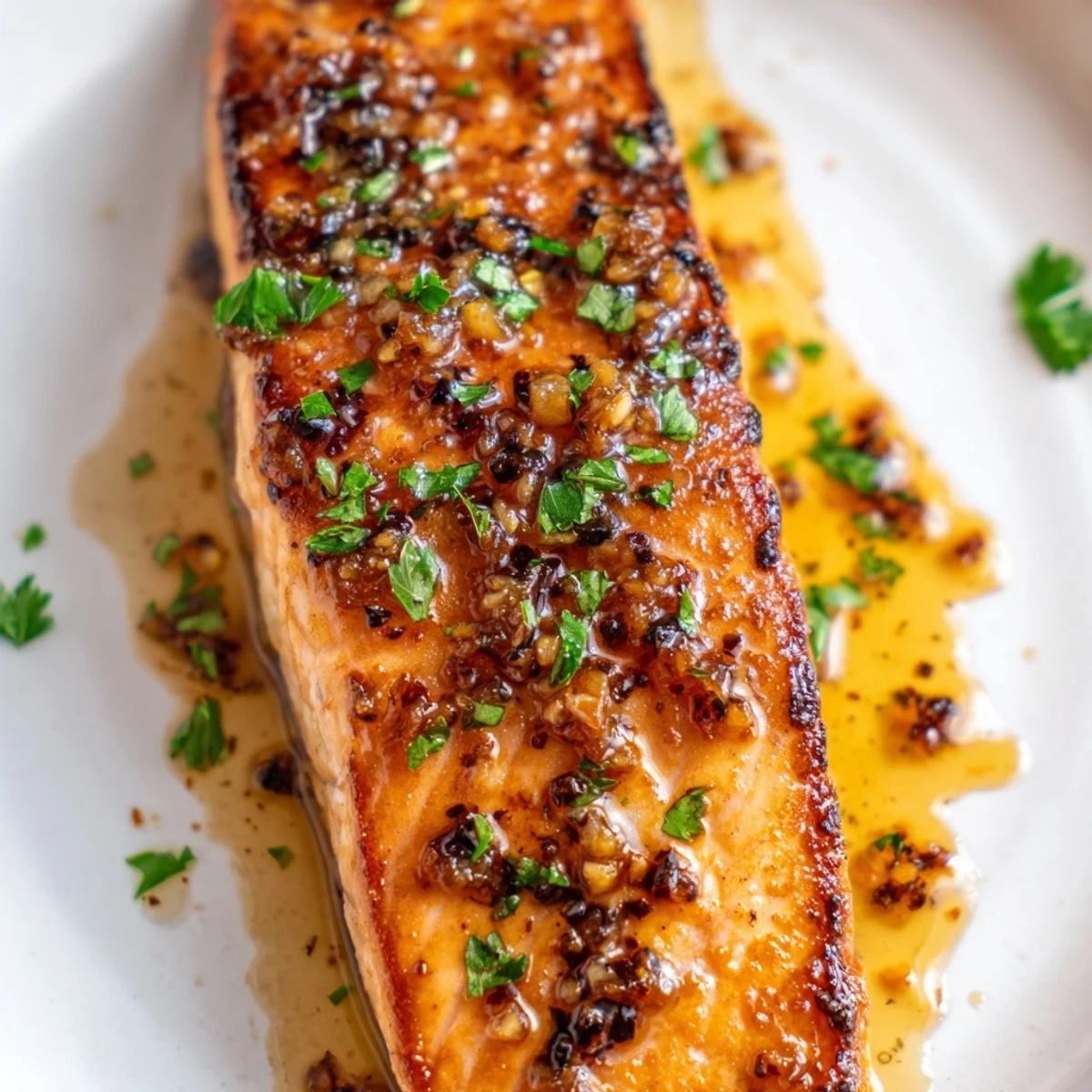 Crispy honey garlic glazed salmon served on a white plate with lemon wedges and parsley