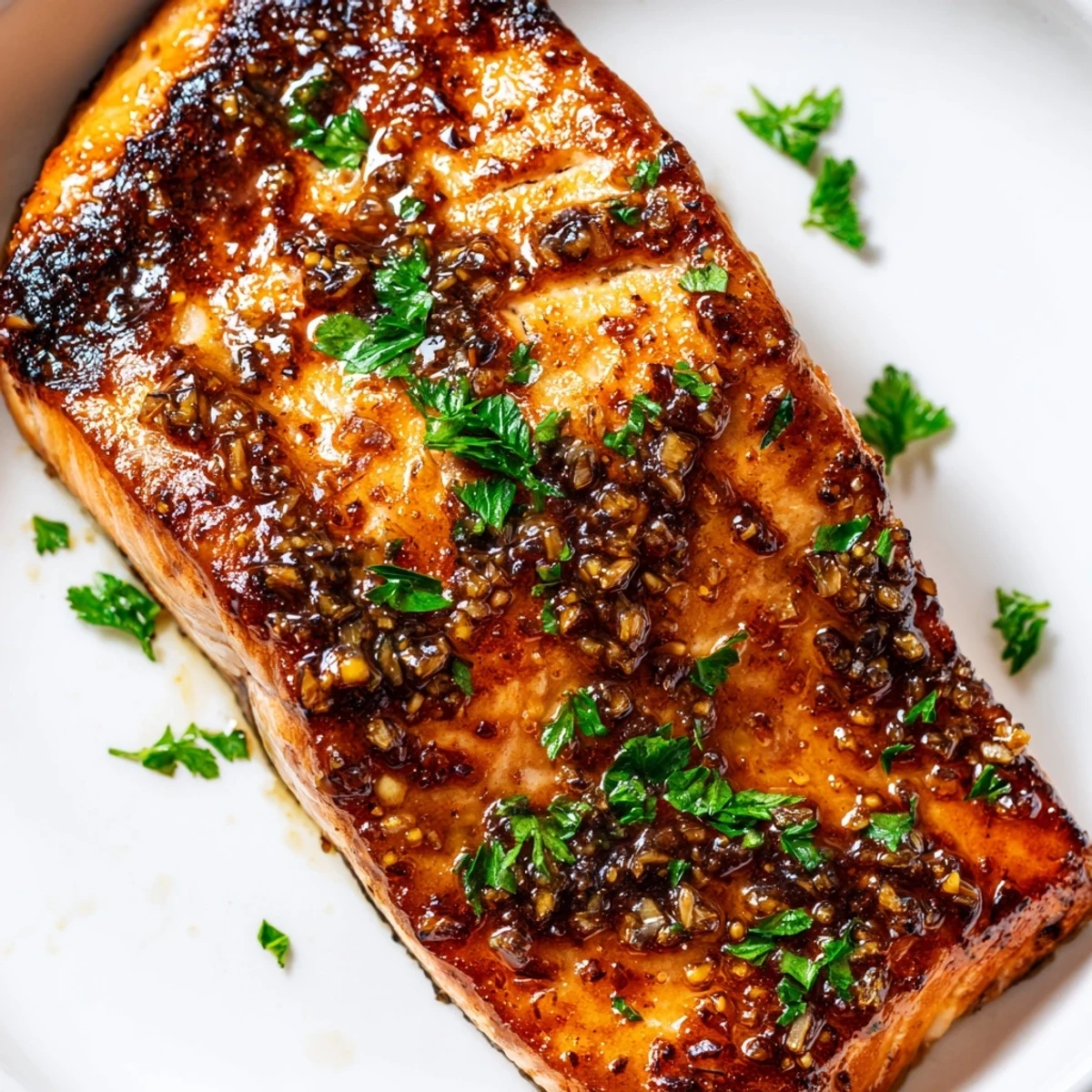 Perfectly cooked honey garlic glazed salmon with caramelized edges and savory sweet sauce dripping over