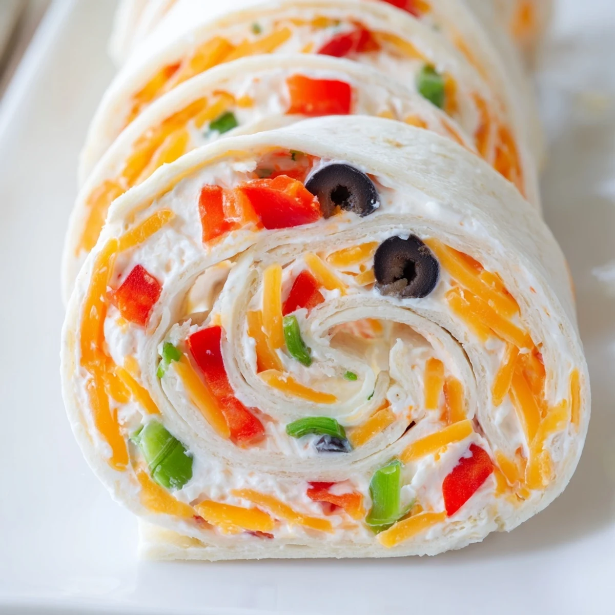 Close-up of sliced easy tortilla pinwheels showcasing red bell pepper green onions and cheddar cheese filling