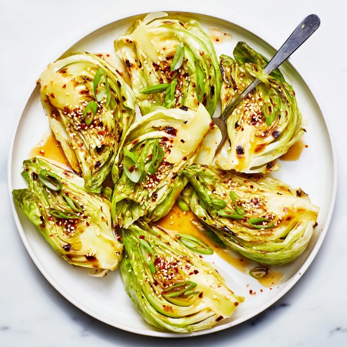 Tender caramelized cabbage wedges brushed with miso butter glaze and garnished with green onions