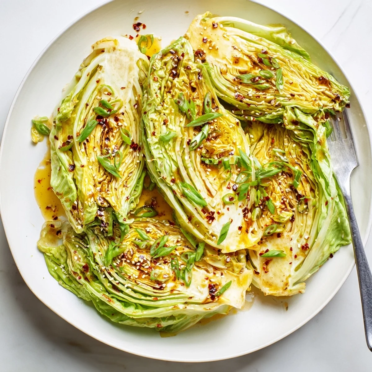Golden roasted miso butter cabbage wedges drizzled with savory umami sauce and sesame seeds