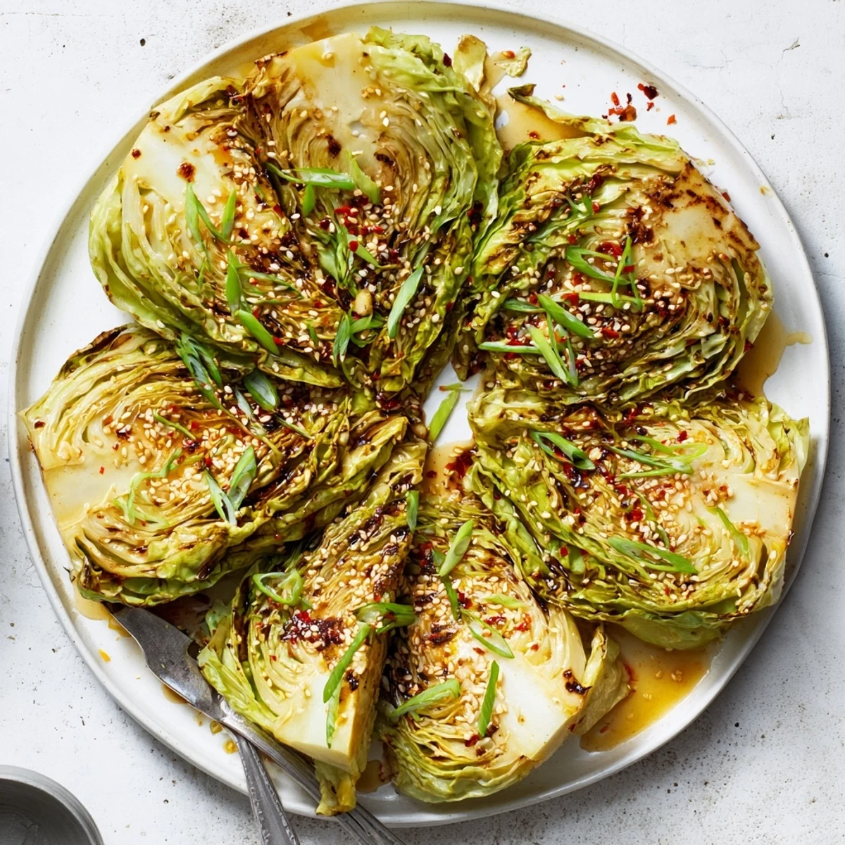 Japanese-inspired roasted cabbage with miso butter sauce featuring crispy edges and tender layers